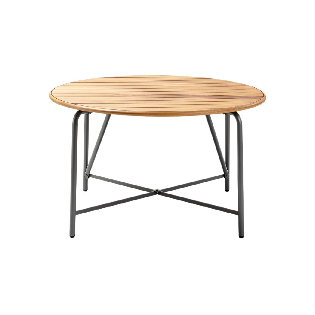 Round Wooden Slatted Coffee Table with Metal Frame